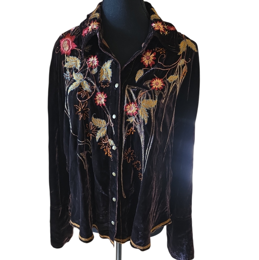 Johnny Was Black Velvet Top with Floral Embroidery